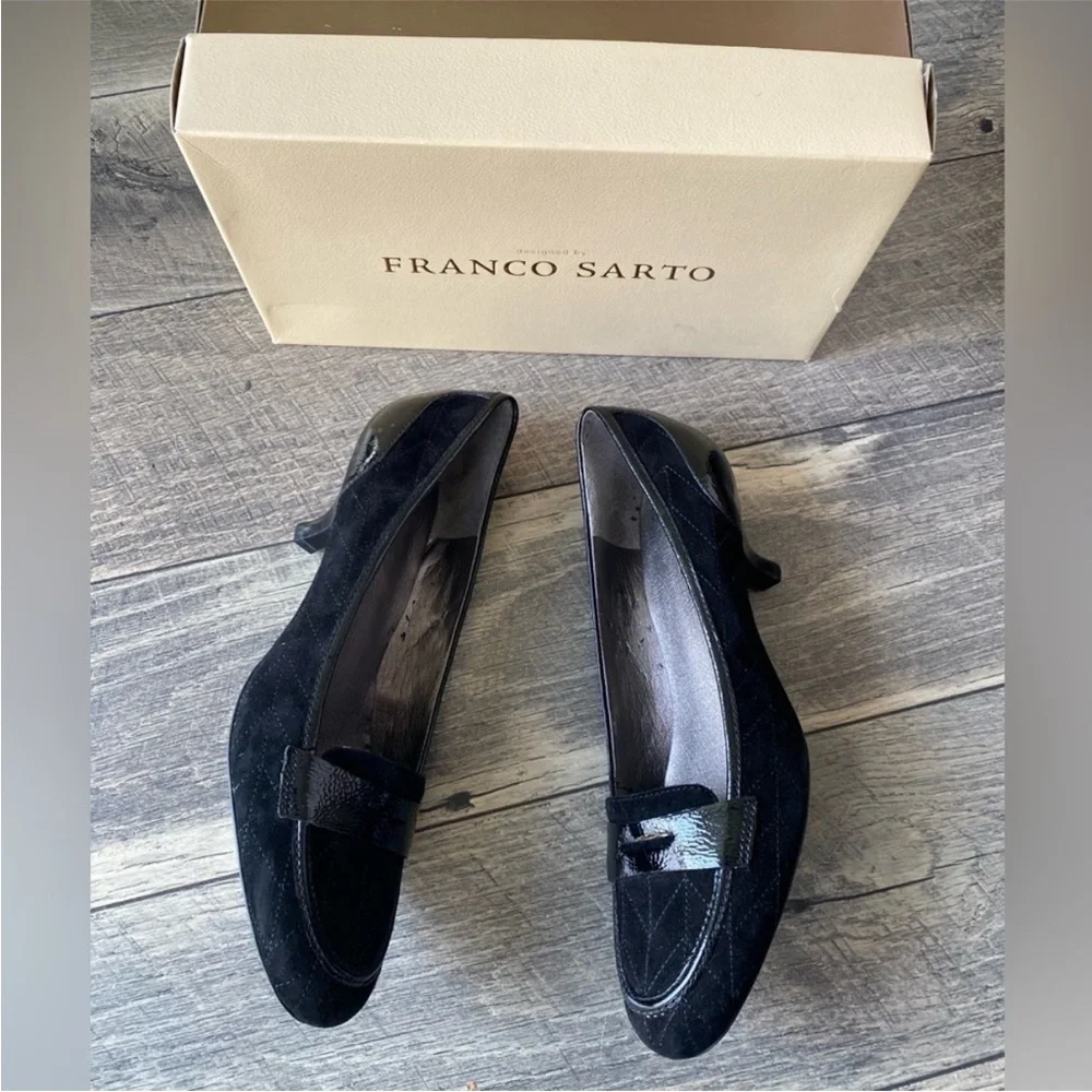 NWT Franco Sarto Kitten Heels Black Suede Penny Loafer Pumps Size 10.5 N Narrow